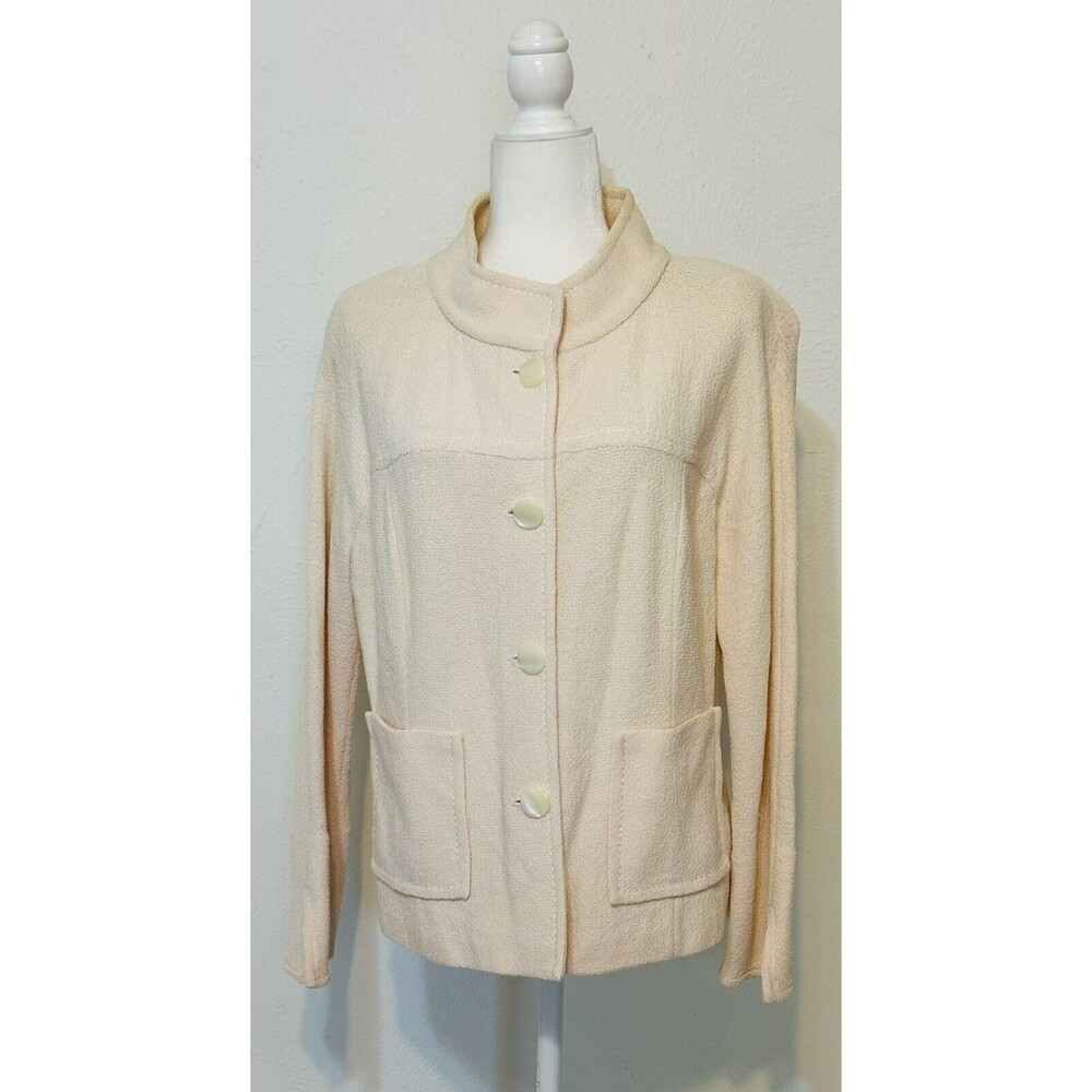 ST JOHN Women Size 14 Knit Neutrals Utility Jacket Stand Collar Slit Pocket FLAW